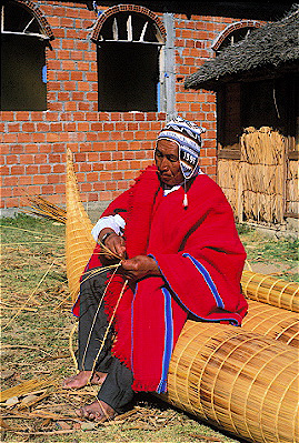 Aymara Man Making Totora Reed Boat