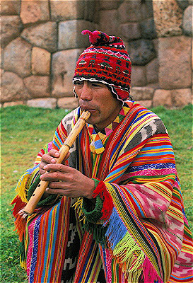 Quechua Man Playing Quena (Reed Flute)